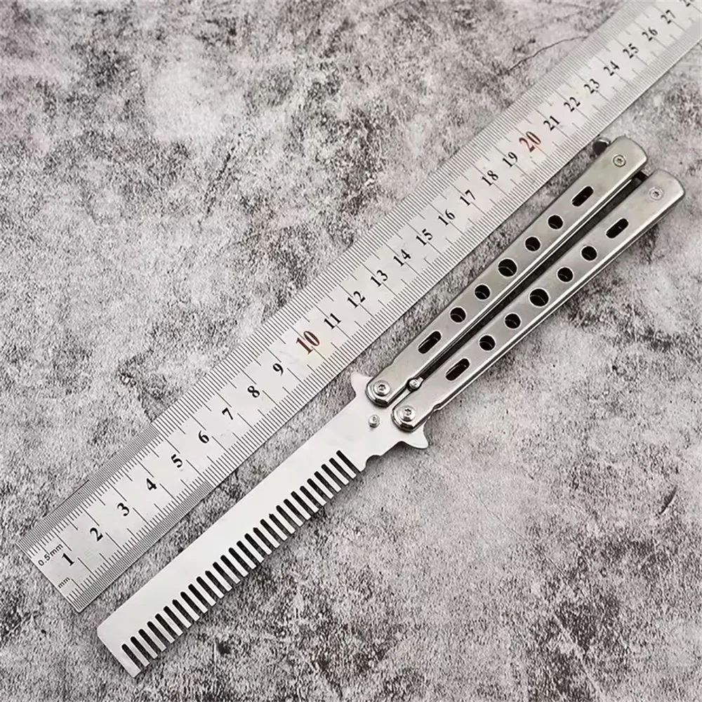 Foldable Comb Stainless Steel Practice Training Butterfly Knife Comb Beard Moustache Brushe Salon Hairdressing Styling Tool