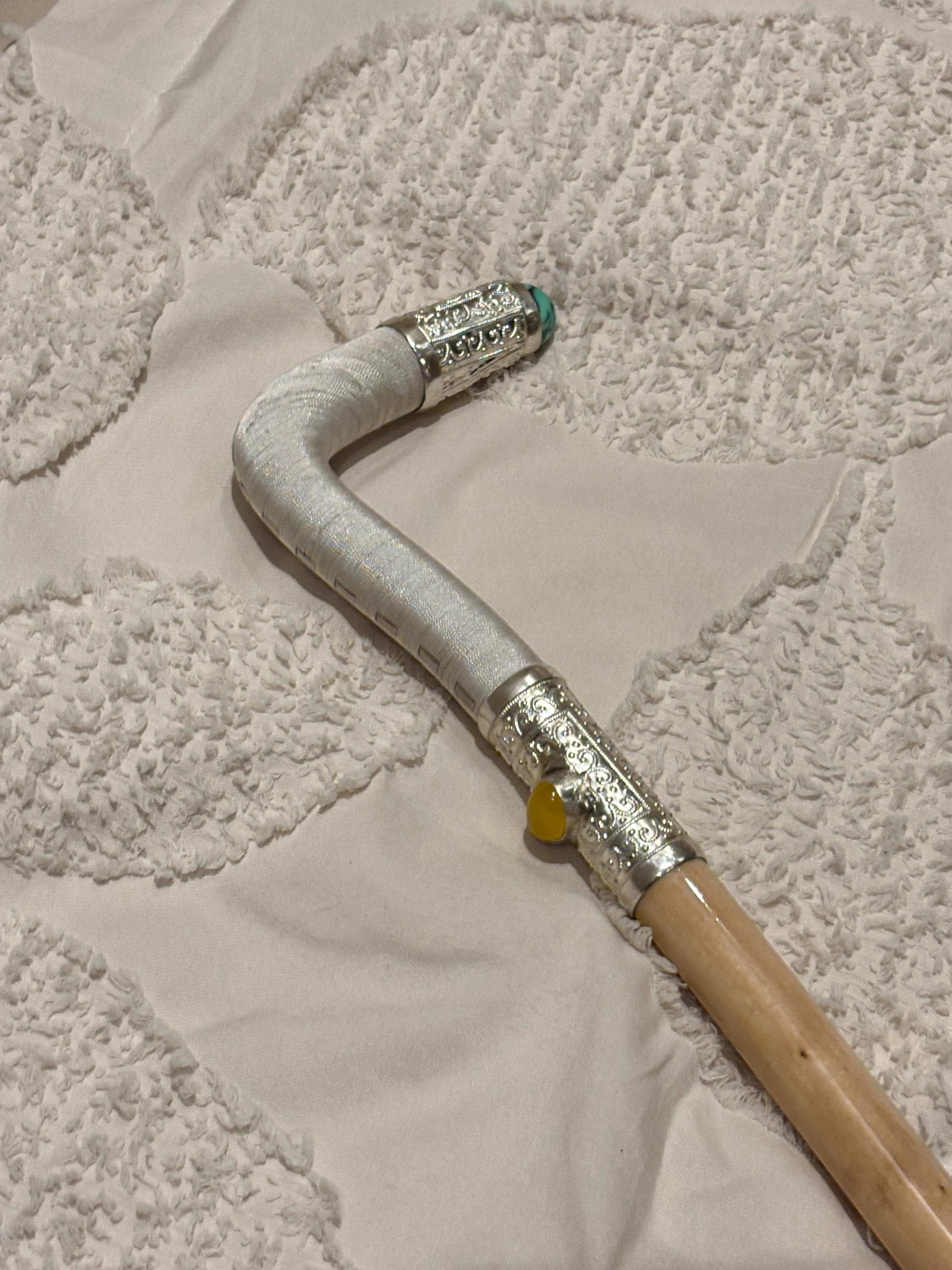 Luxury Handcrafted Walking Stick with Silver Engravings & Gemstone Accents