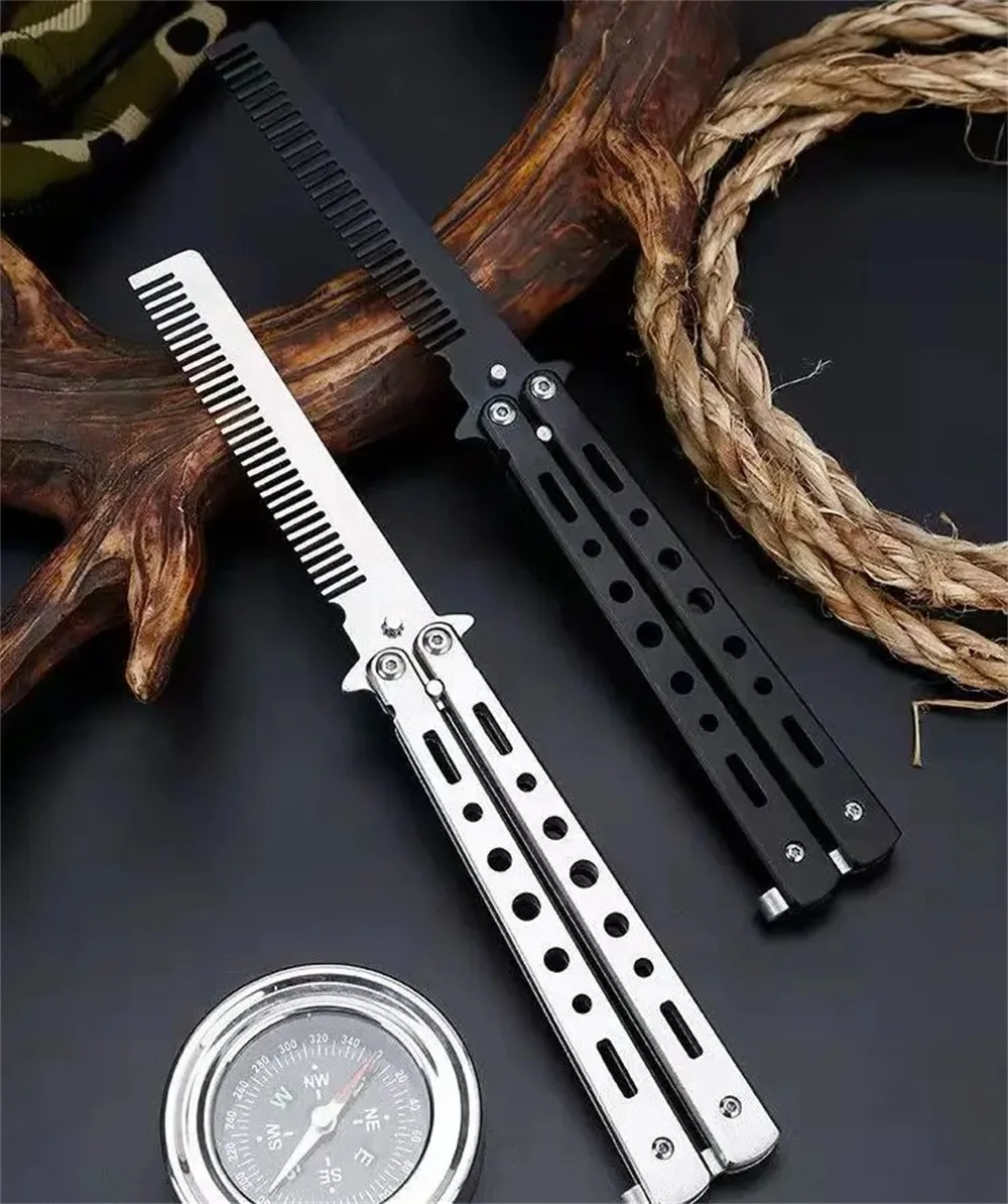 Foldable Comb Stainless Steel Practice Training Butterfly Knife Comb Beard Moustache Brushe Salon Hairdressing Styling Tool