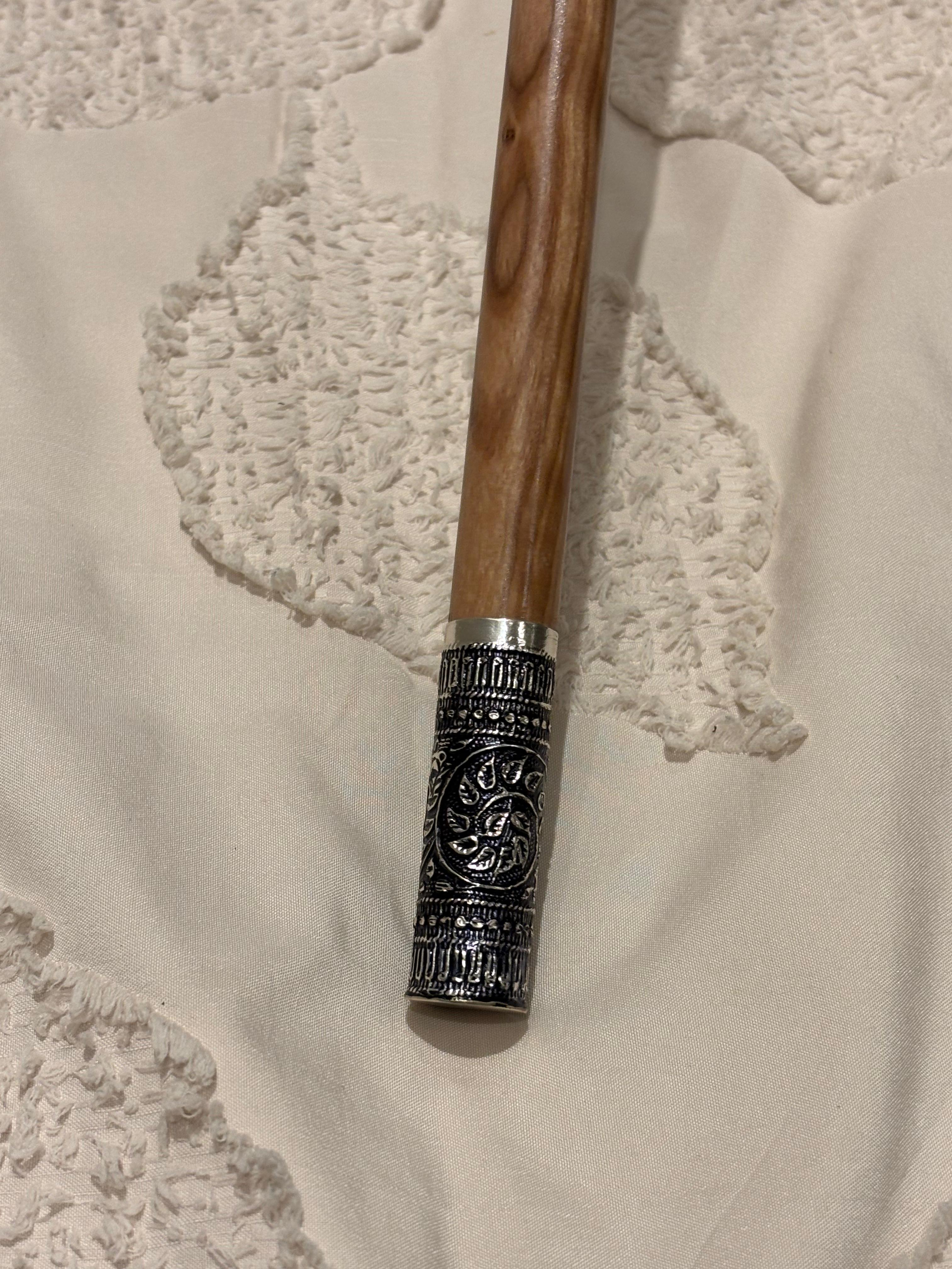 Handcrafted Wooden Walking Stick with Ornate Silver Detailing