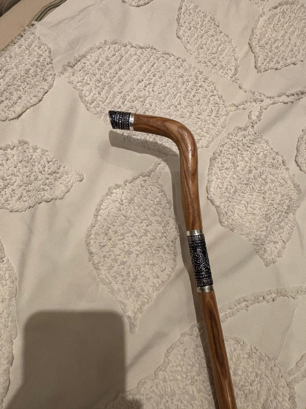 Handcrafted Wooden Walking Stick with Ornate Silver Detailing