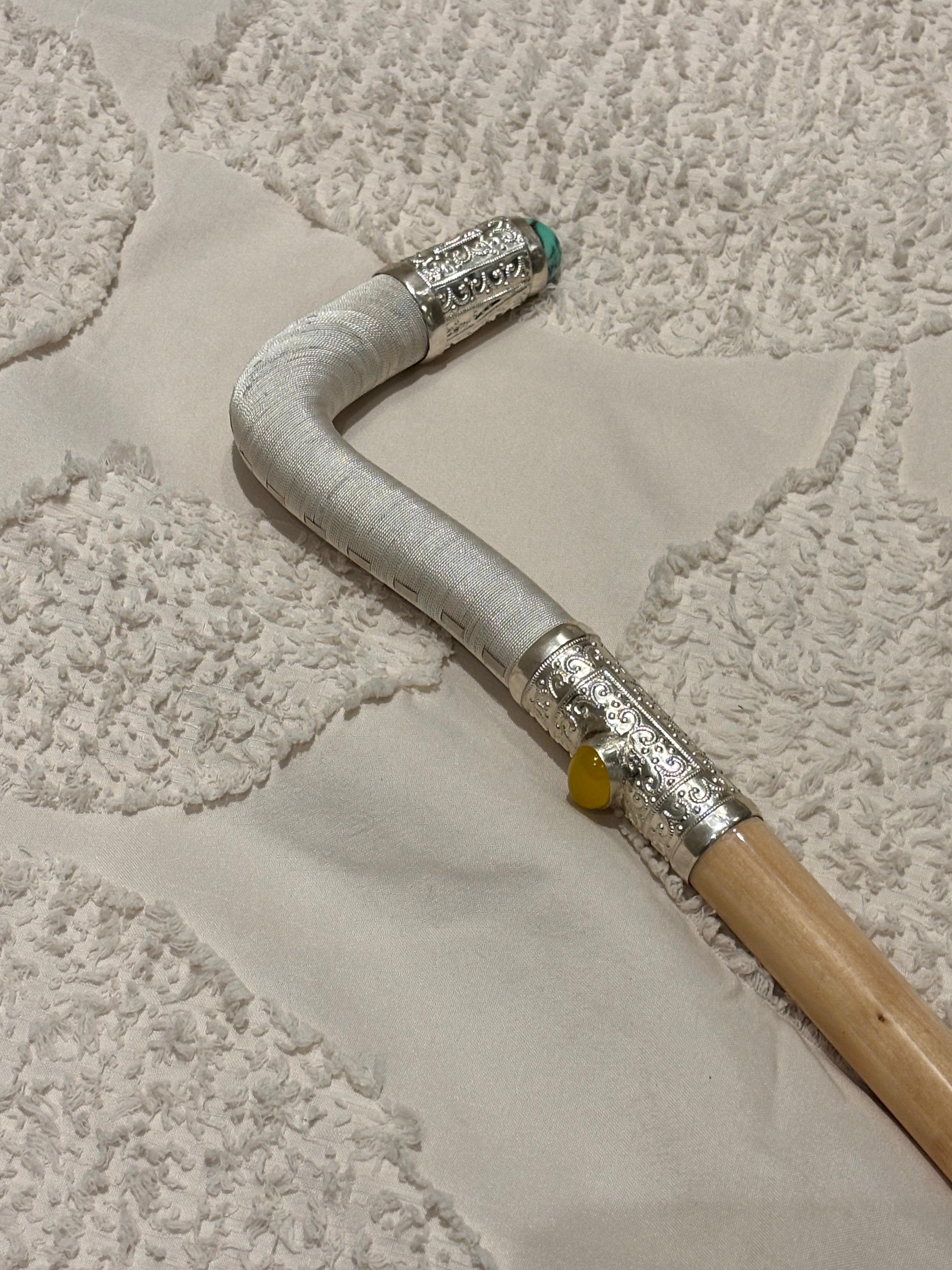 Luxury Handcrafted Walking Stick with Silver Engravings & Gemstone Accents