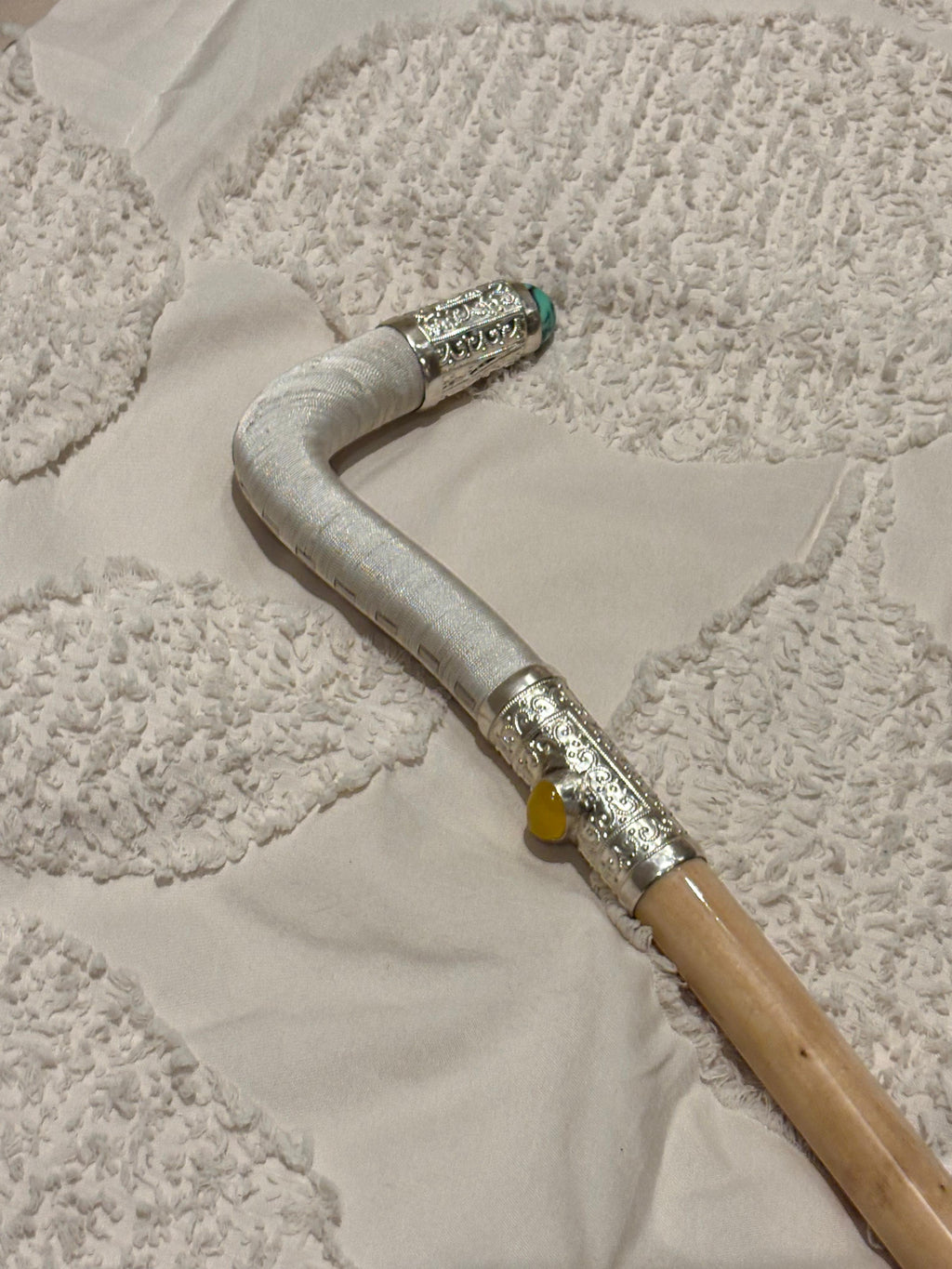 Luxury Handcrafted Walking Stick with Silver Engravings & Gemstone Accents