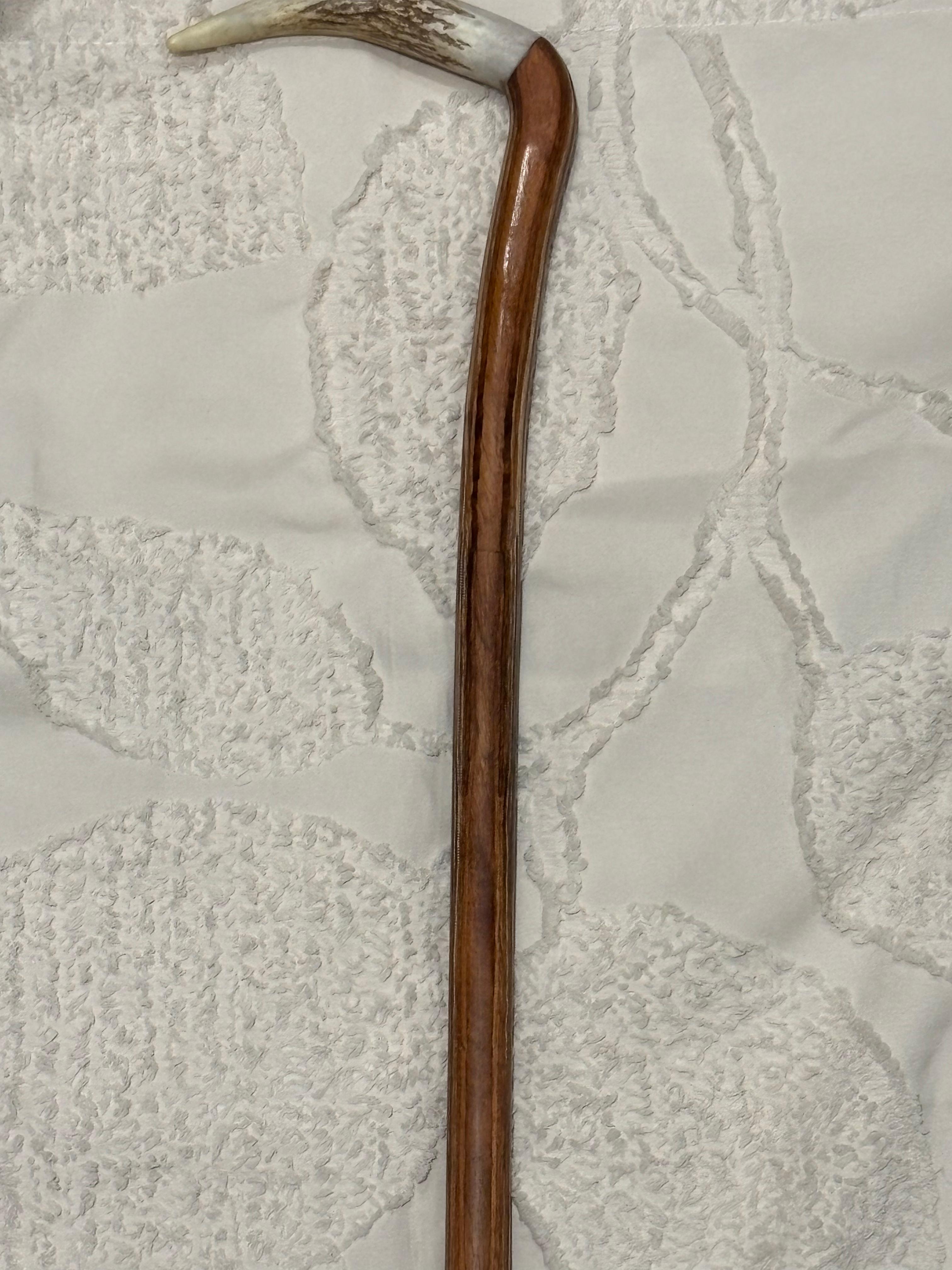 Handcrafted Wooden Walking Cane with Antler Handle